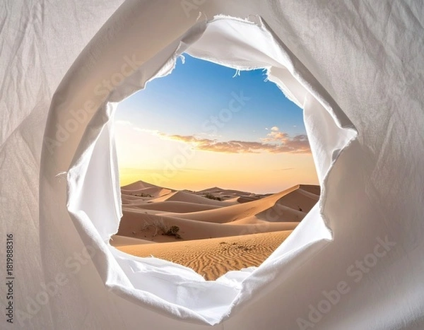 Fototapeta Desert seen through a torn white fabric