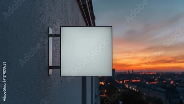 Fototapeta Hanging white square signboard mockup over blur of cityscape on warm light sundown, 3D rendering
