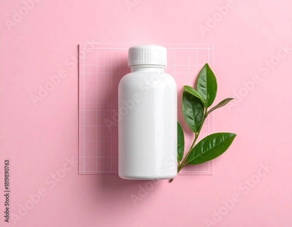 Fototapeta White bottle with green leaves on pink, grid background