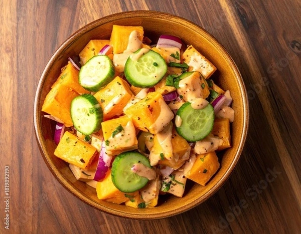 Fototapeta Squash, cucumber & onion salad in a bowl on wooden table