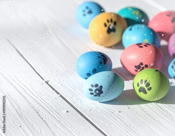 Fototapeta Colorful paw-print eggs on white, textured wood backdrop