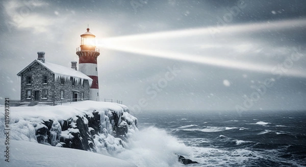 Fototapeta Old snow-covered lighthouse stands firm against stormy winter coast with bright beam of light guiding the way
