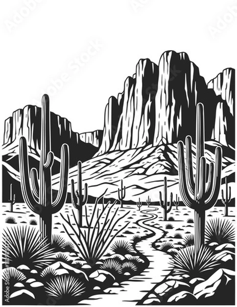 Fototapeta Monochromatic Silhouette Desert Landscape with Cactus and Mountain Range Illustration