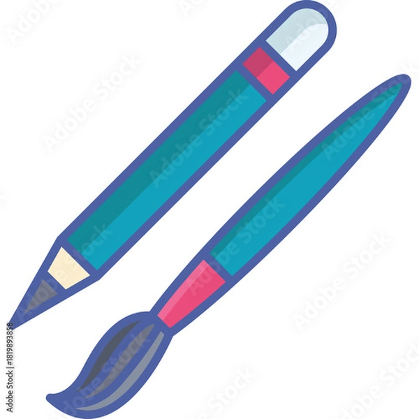 Fototapeta Teal Pencil and Paintbrush with Pink Accents on Transparent Background Representing Art and Design Tools