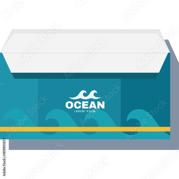 Fototapeta Teal Envelope With A Yellow Stripe And A White Logo Featuring Waves And The Word Ocean Centered Against A White Background