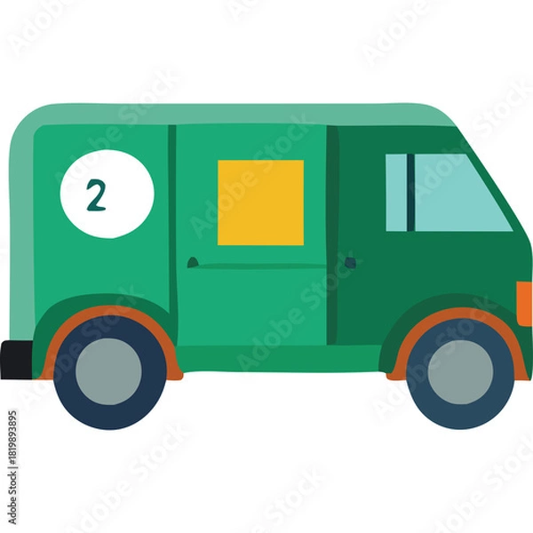Fototapeta Teal Green Delivery Van With Orange Accents And A Yellow Square Window On A Transparent Background With The Number 2 In A White Circle