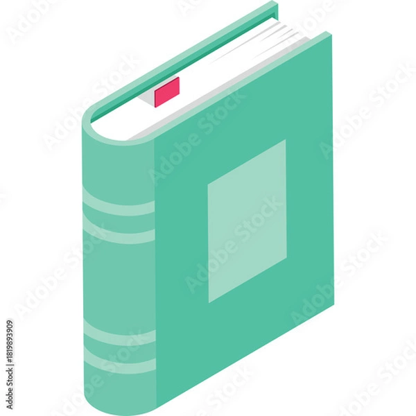 Fototapeta Teal Hardcover Book With Light Blue Square On Cover And Pink Bookmark Isolated On Transparent Background