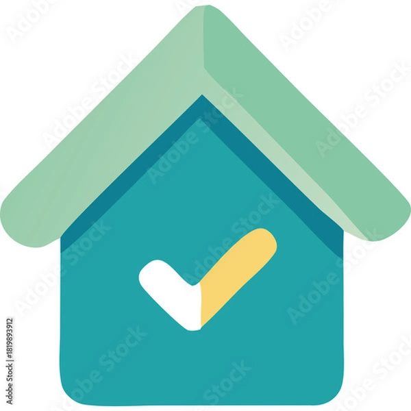 Fototapeta Teal house icon with a yellow and white checkmark against a clean transparent background symbolizing a successful task or verification