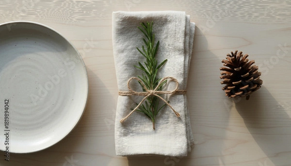 Fototapeta A neatly arranged napkin with rosemary and twine on a wooden table, accompanied by a plate and a pine cone, creating a rustic table setting. Christmas and New Year brunch