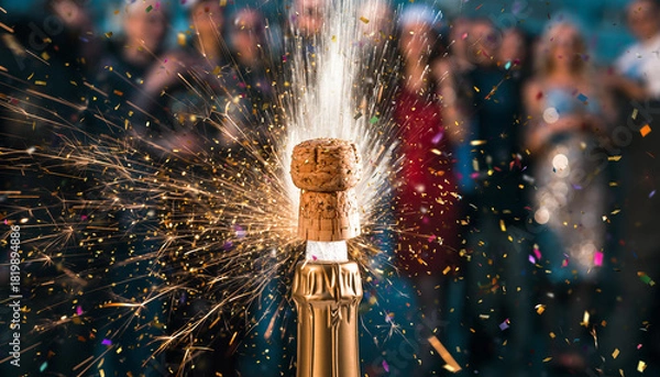 Fototapeta Champagne cork popping with sparkling wine splashing, celebrating a joyful event or occasion, party atmosphere with blurred people in the background. Christmas and New Year celebration