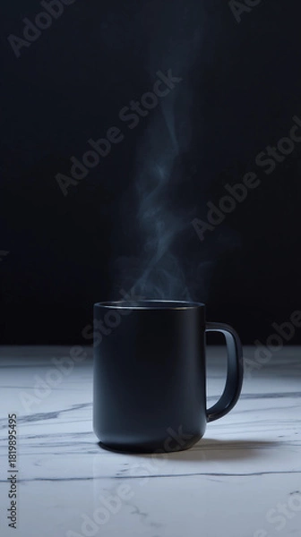 Fototapeta A black mug emits steam against a dark background, creating a cozy and inviting atmosphere, ideal for beverage or coffee-related themes.