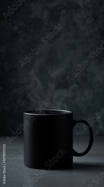 Fototapeta A black coffee mug with steam rising, set against a dark textured background, creating a moody and contemplative atmosphere.