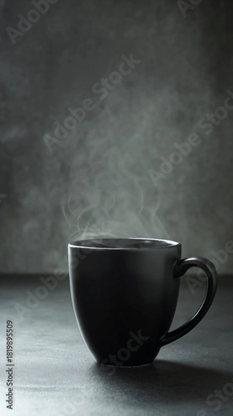 Fototapeta A steaming black coffee mug against a dark background, evoking warmth and comfort. Ideal for coffee or beverage-related themes.