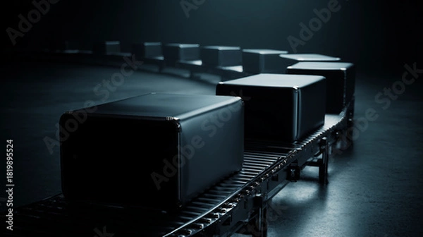 Fototapeta Conveyor belt with black boxes in a dark industrial setting, highlighting product movement and logistics in a manufacturing environment.