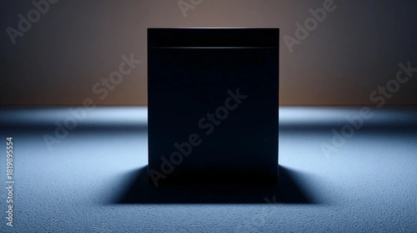 Fototapeta A black cube stands out against a softly lit background, casting shadows on the surface. Perfect for minimalistic and abstract concepts, product or marketing background