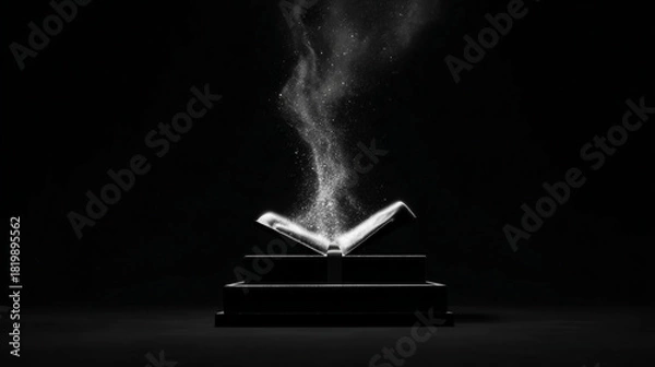 Fototapeta An open book emits ethereal smoke against a dark background, symbolizing knowledge and imagination. Perfect for literary, mystical, or artistic themes. Black Friday offer