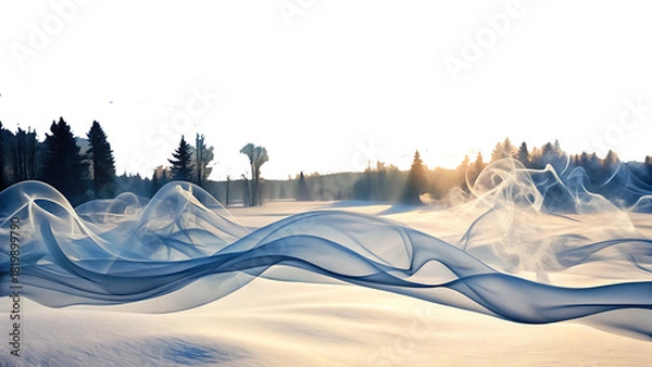 Obraz Ethereal wisps of blue and white smoke, flowing over a snowy landscape with silhouetted trees, cutout, PNG, isolated on white or transparent background, AI