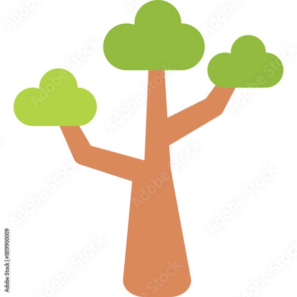 Fototapeta Stylized Illustration of a Tall Brown Tree with Three Green Leafy Canopies on a Transparent Background