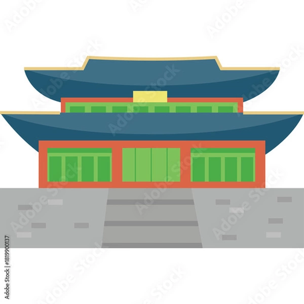 Fototapeta Traditional Korean Palace Architecture With Blue Roof and Red Walls Set Against a Simple Grey Stone Base Detailed Pixel Art Style Illustration