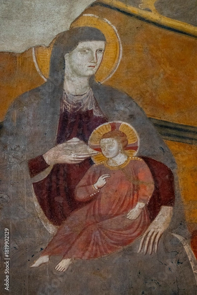 Obraz Fresco (13h century) of Blessed Virgin Mary holding baby Jesus Christ in her arms.