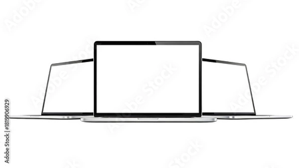 Fototapeta Three modern laptop computer screen mockup with blank display isolated on transparent background