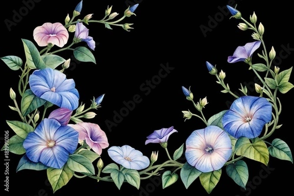 Obraz Watercolor morning glory flowers frame with vibrant blue and pink blooms isolated on transparent background