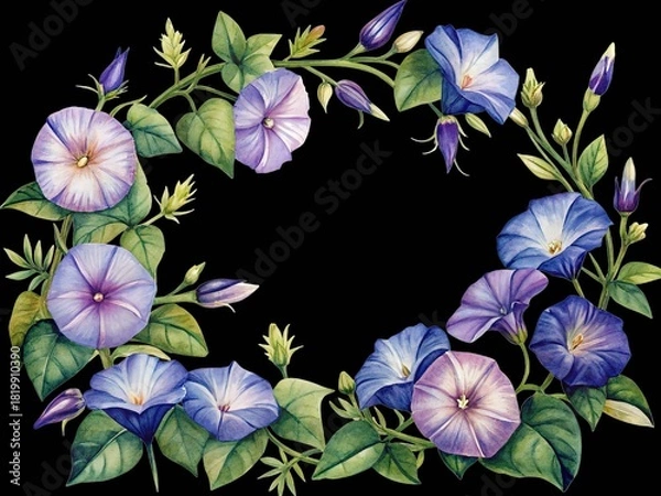 Obraz Hand-painted watercolor morning glory flower wreath and vine border design isolated on transparent background