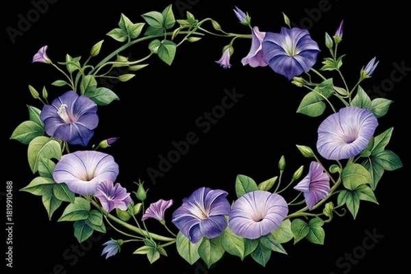 Obraz Watercolor morning glory flower wreath with green leaves, elegant floral frame design isolated on transparent background