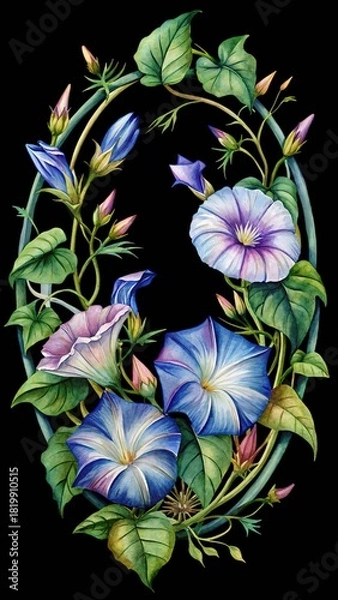 Obraz Watercolor morning glory flowers and vine botanical oval frame illustration isolated on transparent background