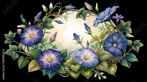 Obraz Watercolor blue morning glories floral frame with light copy space center isolated on transparent background