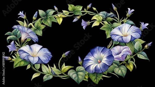 Obraz Watercolor morning glory wreath floral botanical frame with green leaves. isolated on transparent background