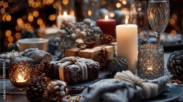 Fototapeta Cozy winter celebration with warm candlelight and wrapped gifts on a festive table