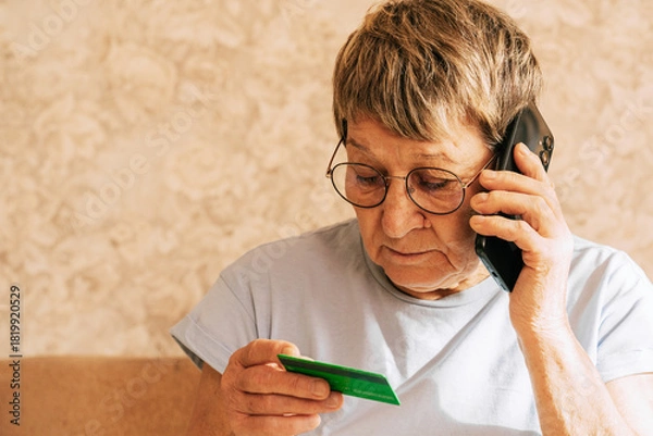 Obraz Elderly caucasian woman using smartphone and credit card for online shopping