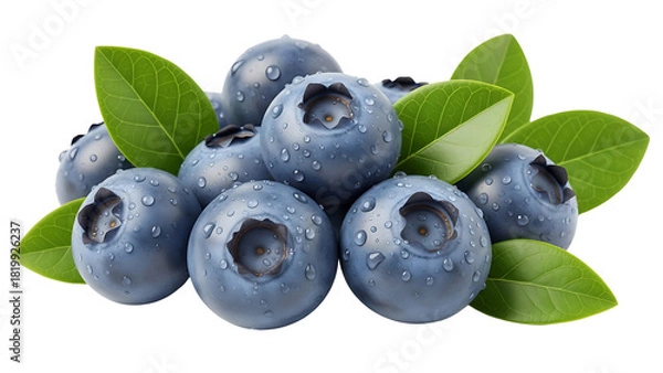 Fototapeta Fresh ripe blueberries with water droplets and green leaves isolated on transparent background