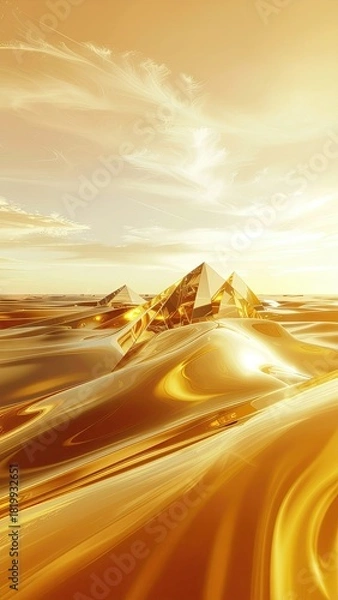 Fototapeta Golden fantasy landscape with abstract pyramid-like mountains and swirling golden sand dunes under a warm hazy sky with sparkling lights