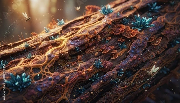 Fototapeta Macro view of an ancient weathered tree bark adorned with sparkling blue crystals and tiny flying insects in a magical forest setting with soft golden light