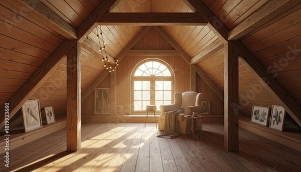 Fototapeta Cozy Wooden Attic Room With Large Arched Window Bathed In Golden Sunlight And Framed Artwork Displayed On Shelves