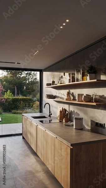 Fototapeta Modern Wooden Kitchen Interior With Concrete Countertops And Shelves Filled With Jars And Plants Illuminated By Natural Sunlight
