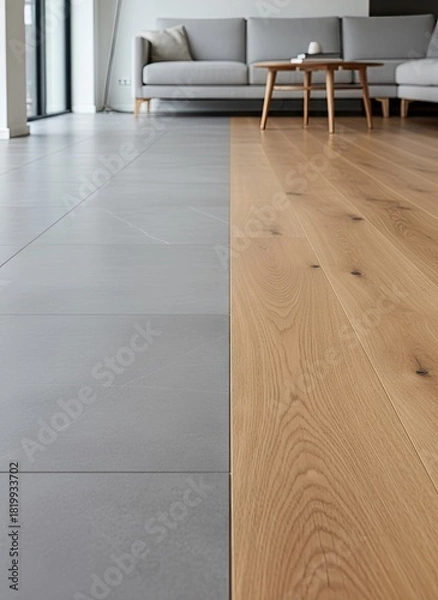 Fototapeta Modern Interior Design Showing Contrast Between Natural Wood Flooring and Sleek Gray Tile Flooring in a Brightly Lit Living Room with Sofa and Coffee Table