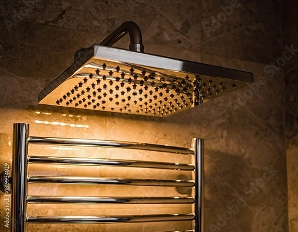 Fototapeta Modern Chrome Shower Head and Heated Towel Rack in a Luxurious Bathroom with Marble Tile Walls and Warm Lighting