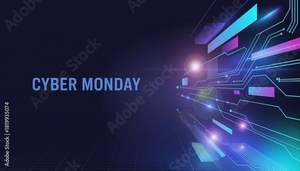 Obraz Futuristic Cyber Monday digital banner with glowing circuits and copy space
