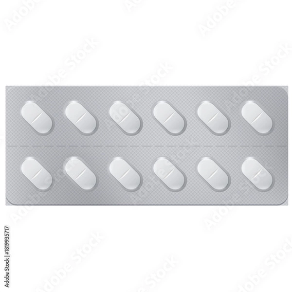 Obraz Ten White Oval Shaped Pharmaceutical Pills Sealed In A Silver Foil Blister Pack With A Transparent Background
