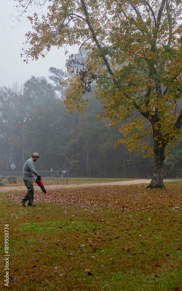 Obraz A person is seen blowing leaves in a yard on a foggy day. The autumn leaves are scattered on the ground, adding to the serene atmosphere.