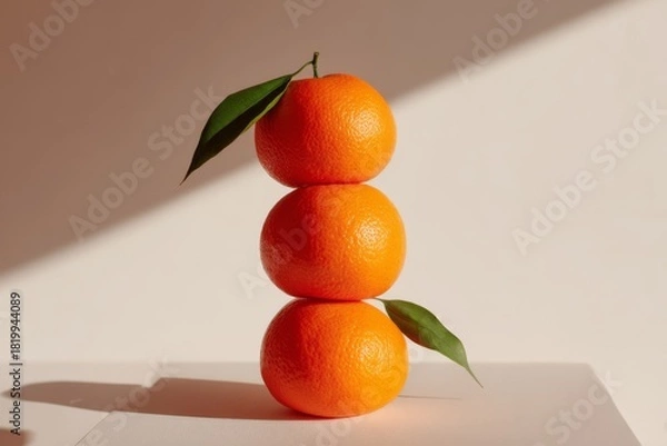 Obraz Three matte mandarins stacked on white surface with soft shadows.