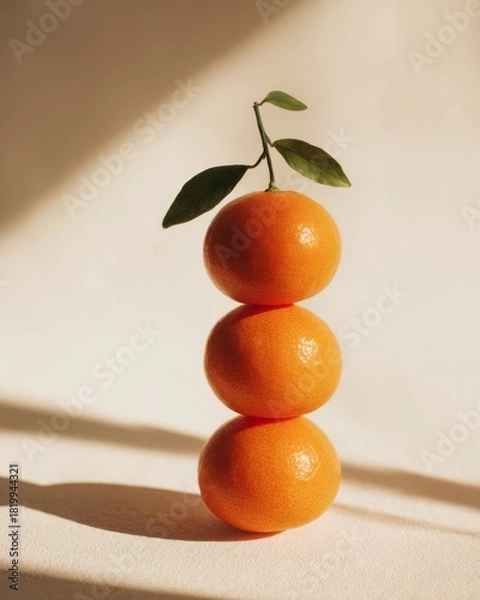 Obraz Three matte mandarins stacked on white surface with soft shadows.