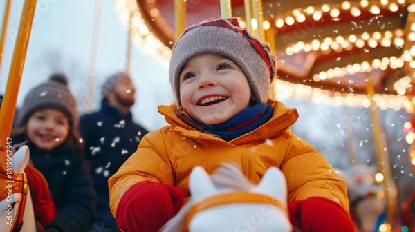 Fototapeta Captivating christmas carousel experience with joyful children under festive lights