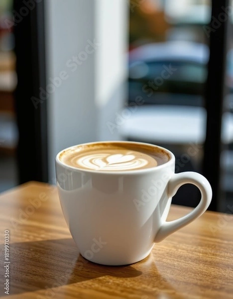 Fototapeta Latte Art in a White Mug on a Wooden Table with Copy Space, Perfect for Coffee Shops, Cafes, and Beverage Promotions
