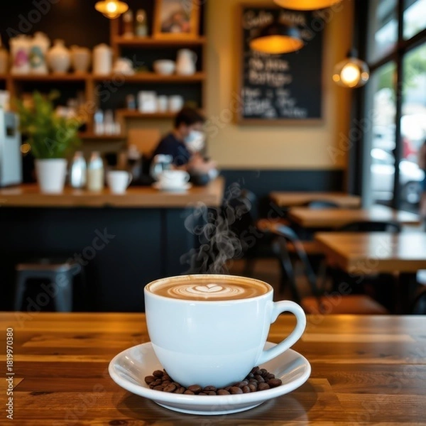 Fototapeta Aromatic Latte with Art in Trendy Coffee Shop: Blank Space for Text, Perfect for Social Media and Branding