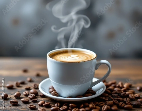 Fototapeta Steaming Latte with Latte Art and Coffee Beans on Wood, Perfect for Morning Coffee Break or Cozy Coffee Shop, Ample Copy Space at Top, High Quality