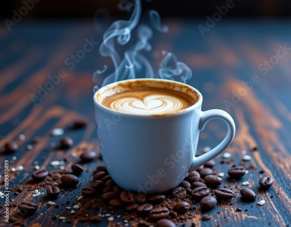 Fototapeta Steaming Latte Art Coffee with Freshly Ground Beans on Rustic Wood - Perfect for Food & Beverage Marketing and Design Projects.